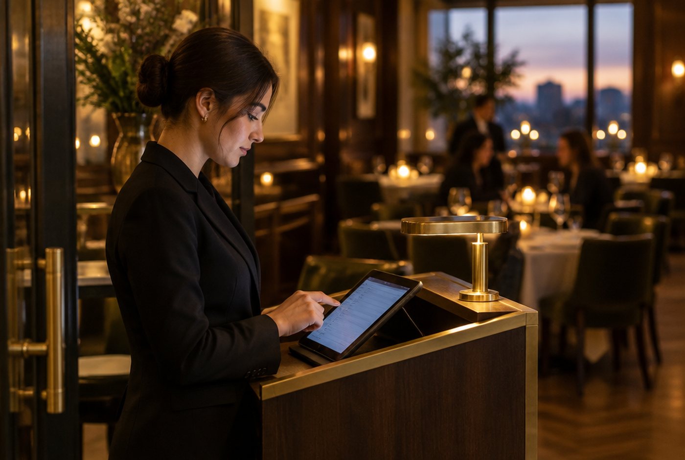 A host checking the evening’s bookings at the host stand