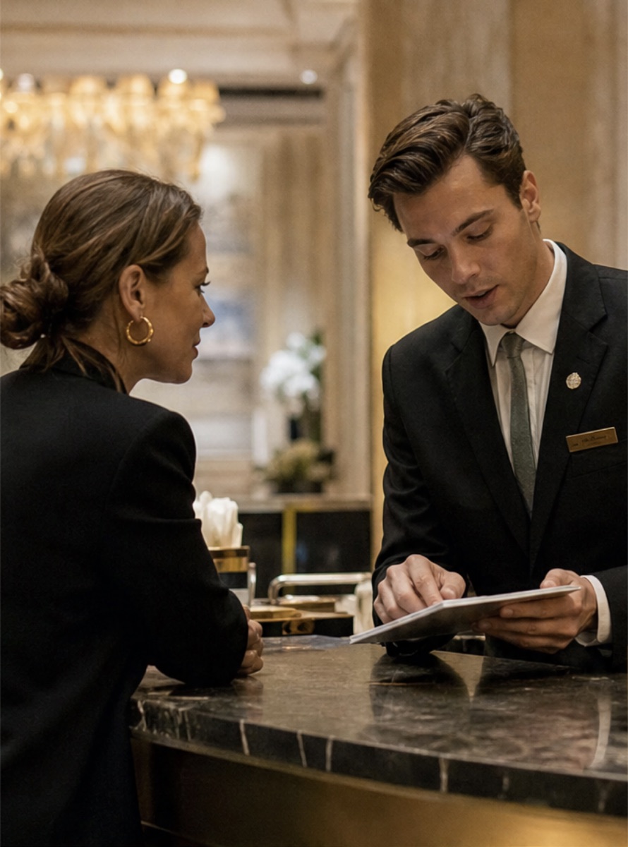 A hotel concierge showing a guest a booking at the desk